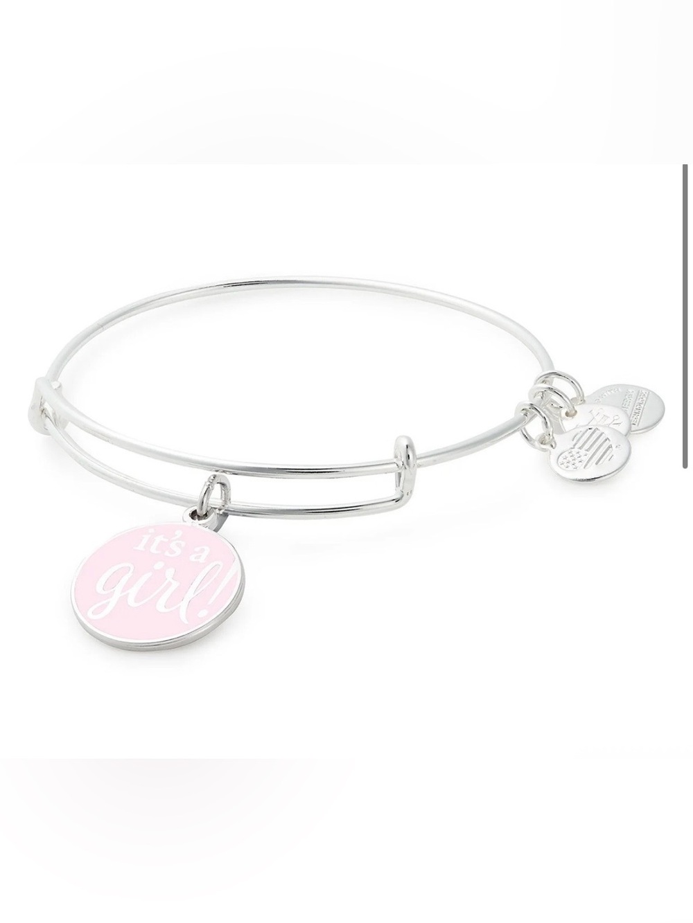 Alex and Ani Silver Charm Bangle with Pink "It's a Girl" Charm